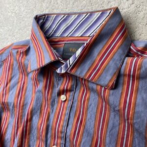 Thomas Dean Button Down Shirt Mens XXL Blue Orange Striped Jacquard Long Sleeve‎